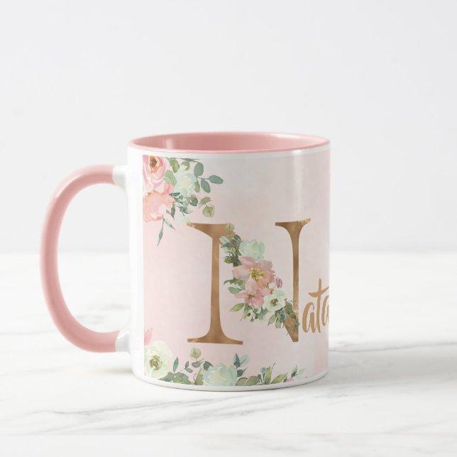 Mug monogramme floral rose N aquarelle avec nom (Gauche)