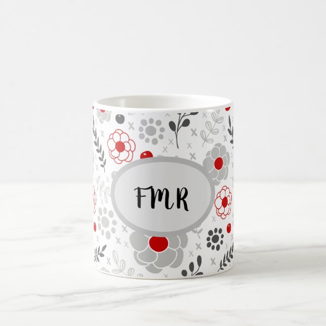 Mug Monogramme floral rouge gris moderne (Centre)