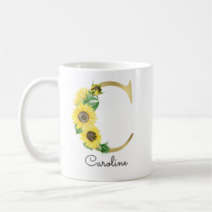 Mug Monogramme Gold Sunflower Girl Floral Initial C
