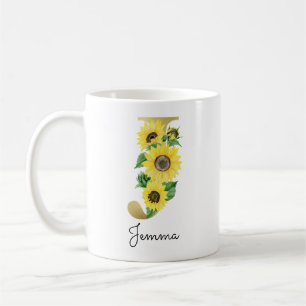 Mug Monogramme Gold Sunflower Girl Floral Initial J