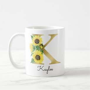 Mug Monogramme Gold Sunflower Girl Floral Initial K