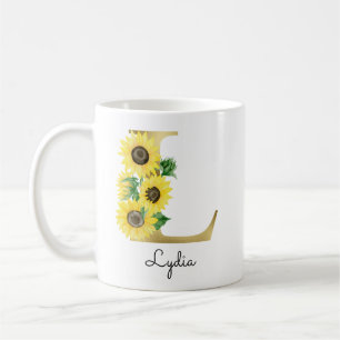 Mug Monogramme Gold Sunflower Girl Floral Initial L