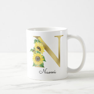 Mug Monogramme Gold Sunflower Girl Floral Initial N