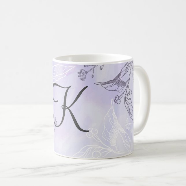 Mug Monogramme Gris blanc Violet Floral (Devant droit)
