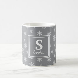 Mug Monogramme gris des flocons blancs de Noël
