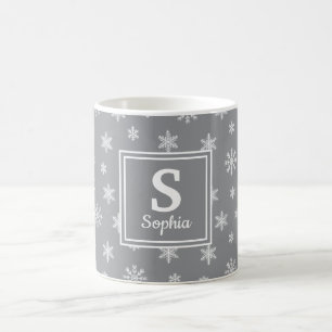 Mug Monogramme gris des flocons blancs de Noël