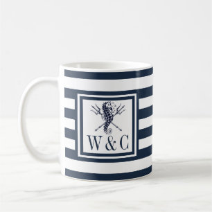 Mug Monogramme Hippocampe Rayures Bleu Marine Nautique