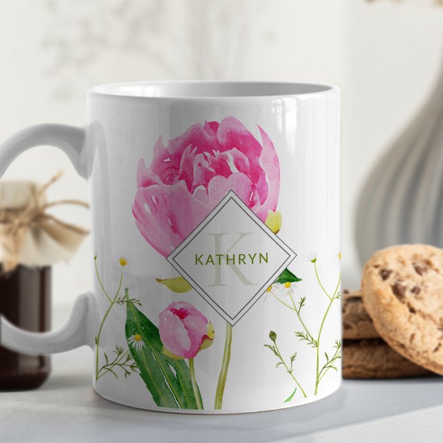 Mug Monogramme illustré de pivoine rose et de margueri (Créateur téléchargé)