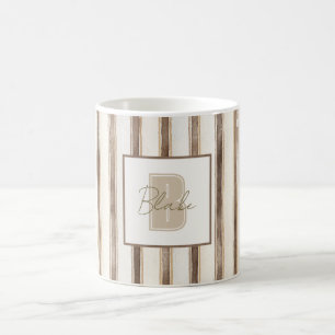 Mug Monogramme Initial Nom Rayures Marron Crème