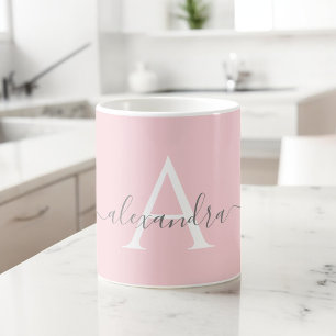 Mug Monogramme Initial Nom Script Élégant Rose Blanc