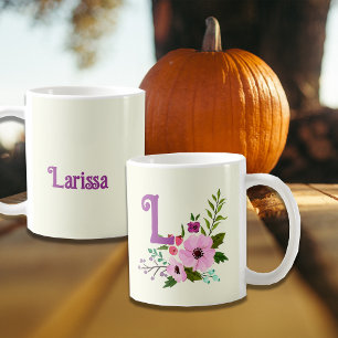 Mug Monogramme initial rose violet Floral Nom personna