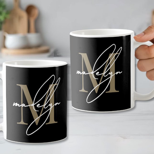 Mug Monogramme Initiale Or Noir (Black Gold Initial Name Monogram Coffee Mug )