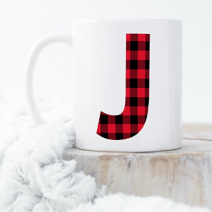 Mug Monogramme lettre J gras en carreaux de buffle rou