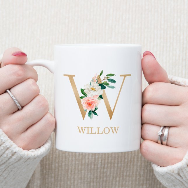 Mug Monogramme Lettre Or W | Floral Rose Blanc Vert (Créateur téléchargé)