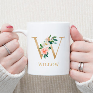 Mug Monogramme Lettre W Or   Floral Rose Blanc Vert