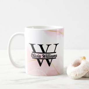 Mug Monogramme Marbre Rose Paillettes Dorées Moderne