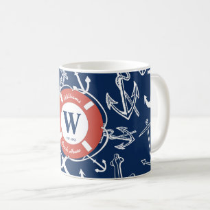Mug Monogramme marine Ancre bleue Maison de plage