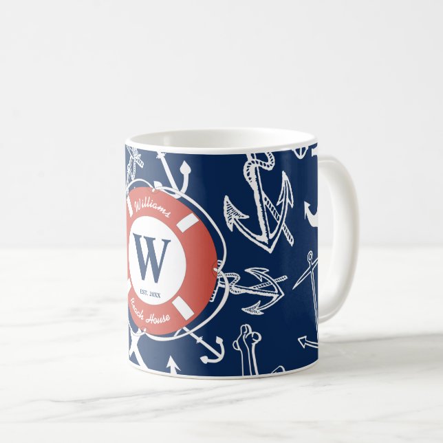 Mug Monogramme marine Ancre bleue Maison de plage (Devant droit)