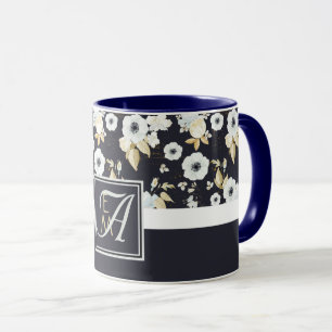 Mug Monogramme Marine Bleu Blanc Floral Décor Anémone