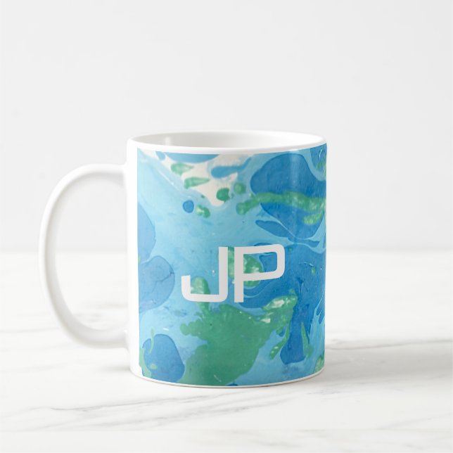 Mug Monogramme Moderne Art Abstrait Modèle bleu (Gauche)