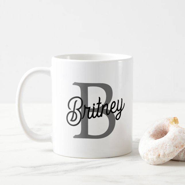 Mug Monogramme moderne élégant Nom noir Gris noir Scri (Avec donut)