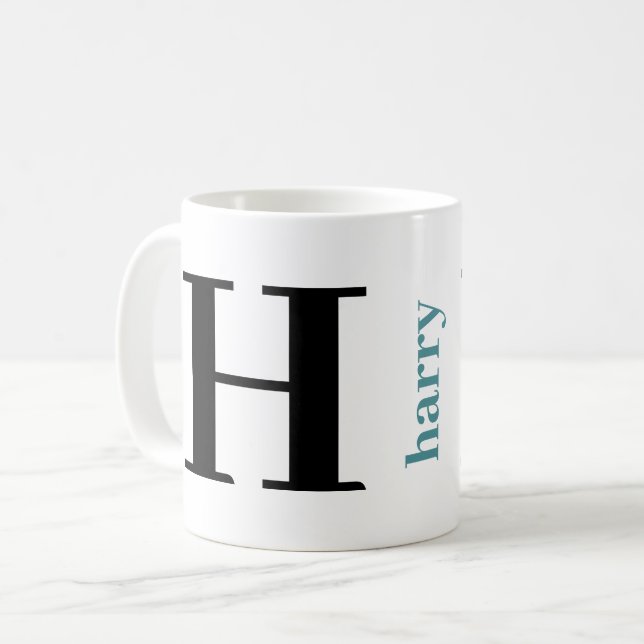 Mug Monogramme moderne Gras Nom Turquoise Café Noir Mu (Devant gauche)