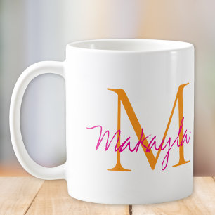 Mug Monogramme Moderne Nom en Écriture Rose