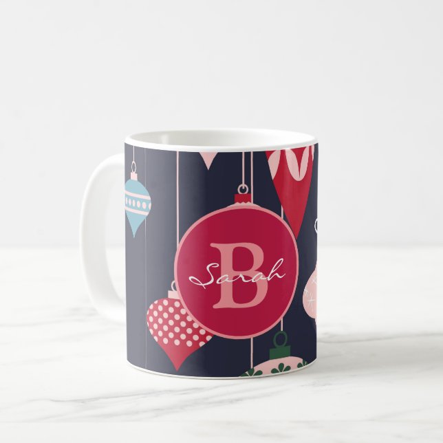 Mug Monogramme moderne Ornements de Noël Bleu foncé (Devant gauche)