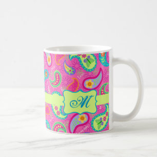 Mug Monogramme Motif Paisley moderne Fuchsia Hot Pin