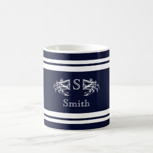Mug Monogramme Nautilus Élégant Bleu Blanc Crabe Ancre