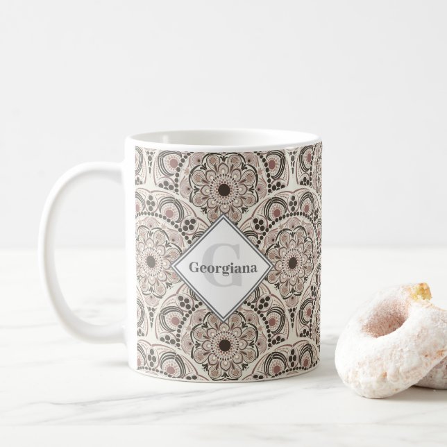 Mug Monogramme Neutres Chaleureux Point Mandala Art Dé (Avec donut)