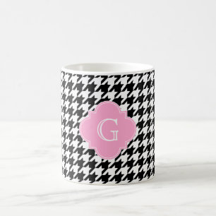 Mug Monogramme noir blanc Houndstooth rose Quatrefoil