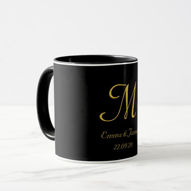 Mug Monogramme noir et or élégant Nom initial (Devant gauche)