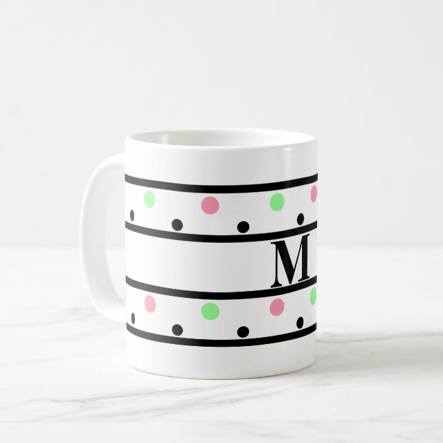Mug Monogramme noir rose Pois verts (Devant gauche)