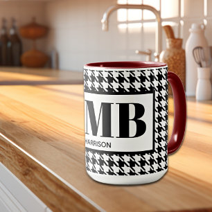 Mug Monogramme-Nom noir et blanc Houndstooth Combo 15o