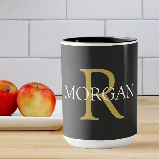 Mug Monogramme & Nom, Texte Noir, Or et Blanc (Créateur téléchargé)