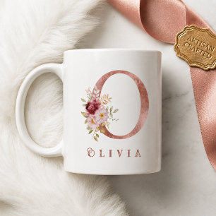 Mug Monogramme O floral personnalisé en or rose