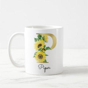 Mug Monogramme Or Fille de tournesol floral initial P