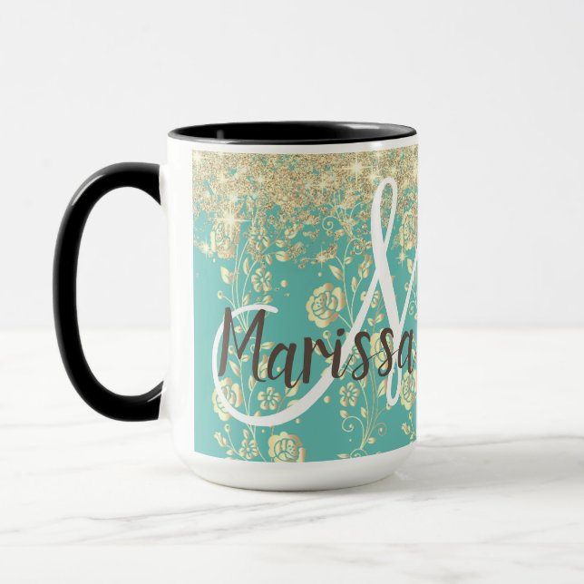 Mug Monogramme or Floral sur Parties scintillant Turqu (Gauche)