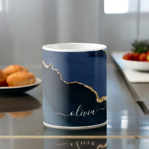 Mug Monogramme Or Géode d'Agate Bleu Marine