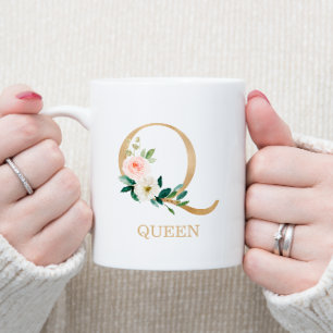 Mug Monogramme Or Lettre Q   Floral Rose Blanc Vert