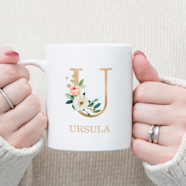 Mug Monogramme Or Lettre U | Floral Rose Blanc Vert (Créateur téléchargé)