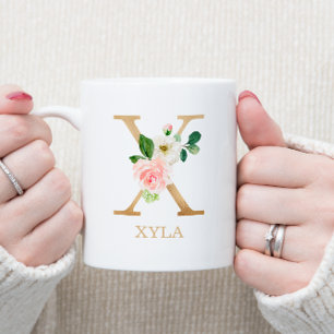 Mug Monogramme Or Lettre X   Floral Rose Blanc Vert