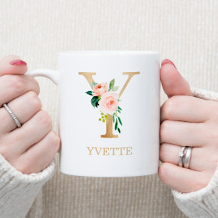 Mug Monogramme Or Lettre Y   Floral Rose Blanc Vert