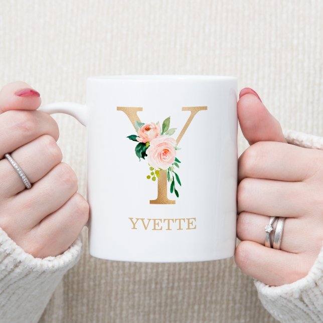 Mug Monogramme Or Lettre Y | Floral Rose Blanc Vert (Créateur téléchargé)