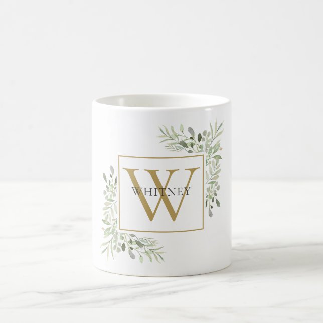 Mug Monogramme Or moderne Vert Floral (Centre)