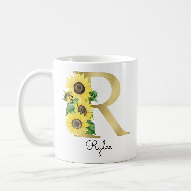 Mug Monogramme Or Soleil Doré Féminin Floral Initial R (Gauche)