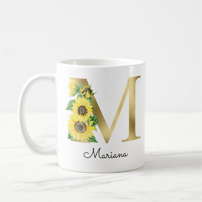 Mug Monogramme Or Soleil Fleur Femme Initiale M (Gauche)