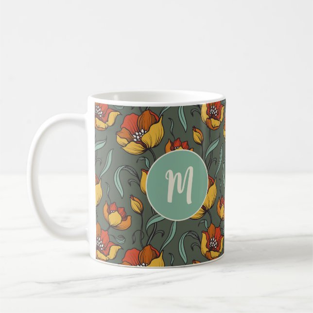 Mug Monogramme orange or vert rétro Floral (Gauche)