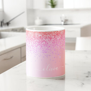 Mug Monogramme Pailleté Arc-en-Ciel Pastel Rose Or Vio